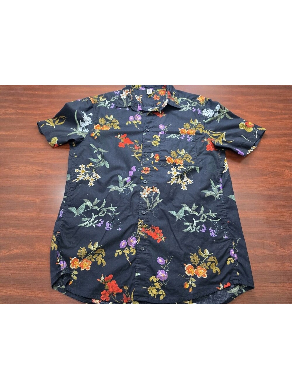 True Craft Small Black Floral Shirt 100% Cotton Botanical Short Sleeve Blouse